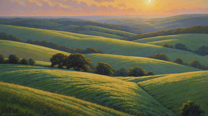 Wall Mural - Early morning light over rolling hills in pastel painting with delicate details