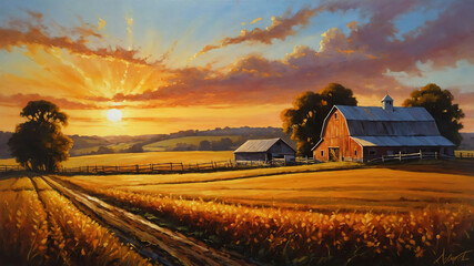 Wall Mural - Golden hour over rural farmlands in acrylic painting with warm glowing light