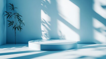 Aufkleber - Abstract geometry studio scene with shadow and light Blue background for luxury product display showroom mockup Minimal interior aesthetic with empty space geometric line square corner : Generative AI