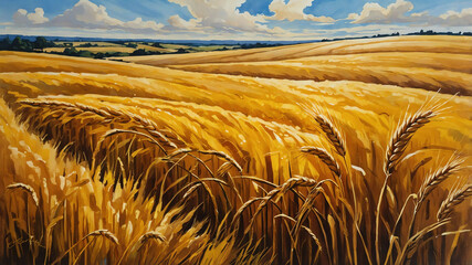 Wall Mural - Golden wheat fields under bright sky in gouache painting with smooth strokes