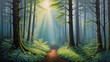 © SevenThreeSky - Misty forest with light breaking through in pastel painting with delicate shading