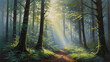 © SevenThreeSky - Misty forest with light breaking through in pastel painting with delicate shading