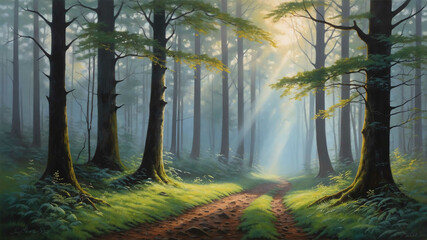 Wall Mural - Misty forest with light breaking through in pastel painting with delicate shading