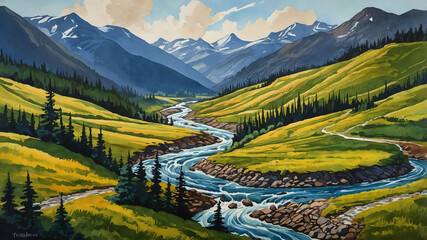 Wall Mural - Mountain pass with winding river in gouache painting with detailed strokes