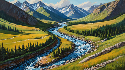 Wall Mural - Mountain pass with winding river in gouache painting with detailed strokes