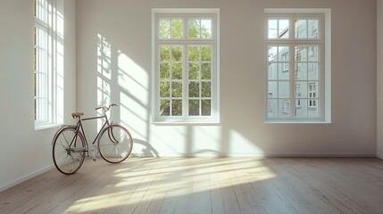 Poster - an empty room with a bike in the corner and a window on the other wall to the room is very clean : Generative AI