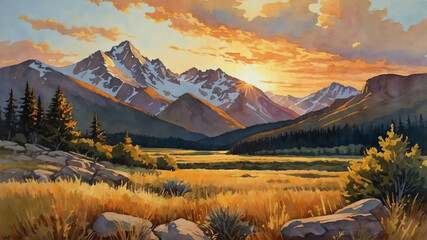 Wall Mural - Rocky mountains at sunrise with golden light in gouache painting with soft edges