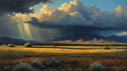 Wall Mural - Rainstorm over distant mountains in pastel painting with stormy shadows