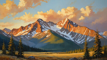 Wall Mural - Rocky mountains at sunrise with golden light in gouache painting with soft edges