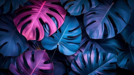 Poster - Trendy composition made of fluorescent color layout made of tropical jungle leaves Flat lay neon colors Nature concept Creative art minimal aesthetics : Generative AI