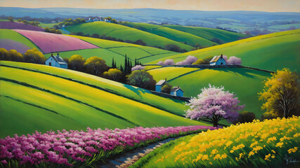 Wall Mural - Rolling hills with early spring flowers in oil painting with fresh vibrant hues