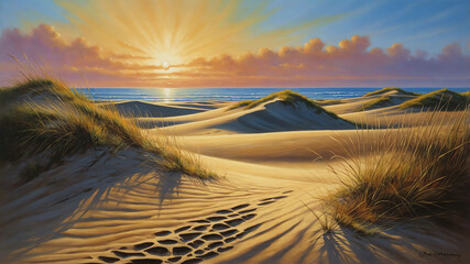 Wall Mural - Rolling sand dunes under clear sky in oil painting with soft gradients