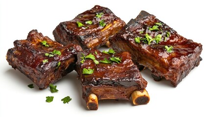 Grilled beef short ribs with a barbecue glaze, isolated on a white background.