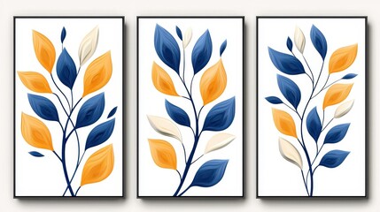 Abstract Blue and Yellow Leaf Canvas Wall Art Print Set