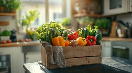 Fresh vegetables fruit and grains in crate and reusable shopping bag on counter in sunny kitchen shopping food ecology healthy lifestyle and domestic life : Generative AI