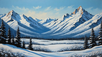 Wall Mural - Snow covered mountains under pale blue sky in acrylic painting with smooth transitions