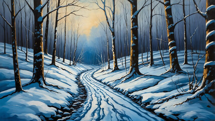 Wall Mural - Snow covered path through forest in oil painting with cold blue tones