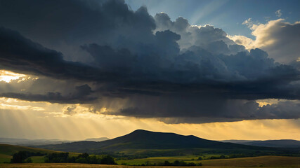 Wall Mural - Storm clouds gathering over distant hills in oil painting with dramatic light