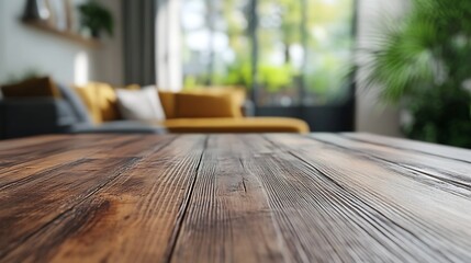 Poster - Empty brown and rustic wooden table with a defocused living room background : Generative AI