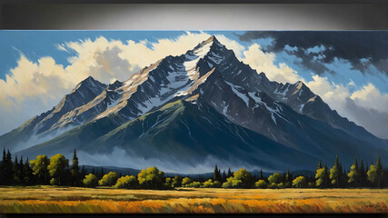 Wall Mural - Storm clouds over mountain peaks in oil painting with heavy brushstrokes