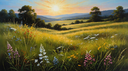 Wall Mural - Sunlit meadow with wildflowers in acrylic painting with gentle brushstrokes