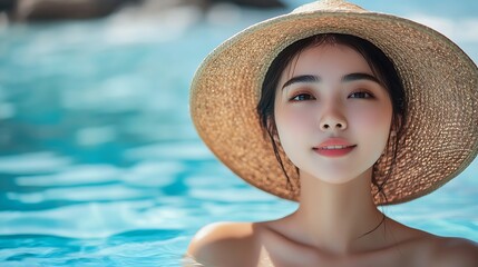 Wall Mural - Portrait beautiful young asian woman enjoy around outdoor swimming pool with sea ocean view in travel vacation trip : Generative AI