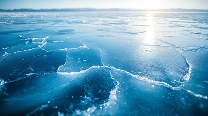 Poster - Winter landscape of the frozen sea on a sunny February day Beautiful blue smooth ice with cracks Natural background focus on ice : Generative AI
