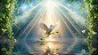 © Four888 - Gentle, radiant light illuminates a serene, abstract depiction of a baptism scene, featuring a dove, water, and delicate, flowing vines, evoking spiritual renewal and peace.