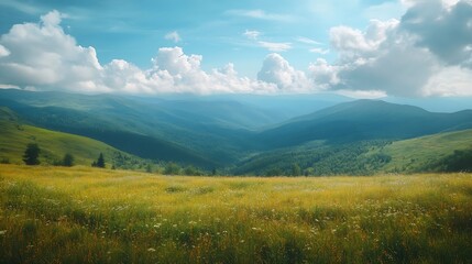 Wall Mural - Nature Mountains and clouds in the valley Natural landscape high in the mountains Mountain field in the clouds Landscape in the summertime : Generative AI