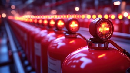 Red Fire Extinguishers In A Row