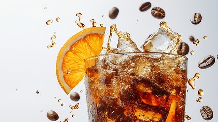 Aufkleber - Americano ice coffee mix with orange juicecoffee beans spreading on sackwhite background and isolated concept : Generative AI