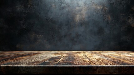 Poster - empty wooden oak tabletop with dark black cement stone background for product displayed in rustic mood and tone luxury background for product stand with empty copy space for party prom : Generative AI