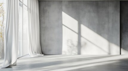 Aufkleber - Empty room with shade from window light and white curtains Minimal interior with concrete wall and floor Architecture background showroom : Generative AI