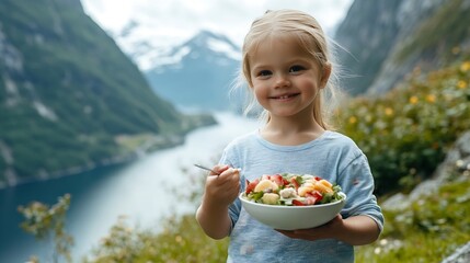 Summer picnic in Norway  child girl eating vegan food salad outdoor family travel vacations lifestyle 4 years old kid having healthy breakfast with mountains and fjord view : Generative AI