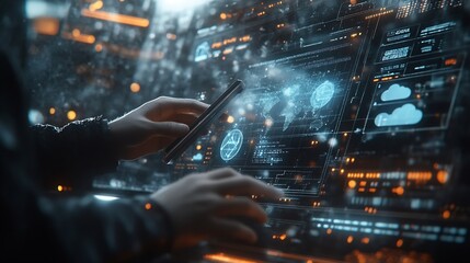 Aufkleber - Digital technology cloud computing concept Software engineer using mobile smart phone and laptop computer with global network connection Technology innovative and communication concept : Generative AI