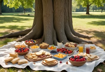 A picnic spread with various foods 