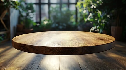 Leinwandbilder - Empty beautiful round wood table  top counter on  interior in clean and bright with shadow background Readywhite background for product montage : Generative AI