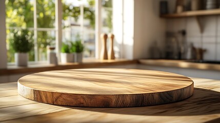 Fototapete - Empty beautiful round wood tabletop counter on interior in clean and bright kitchen background Ready for display Banner for product montage : Generative AI