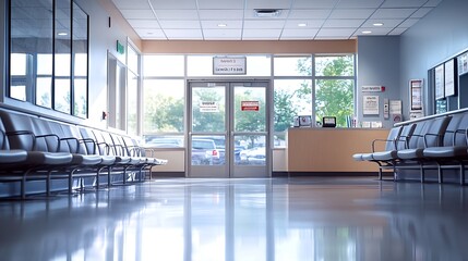 Poster - An empty waiting area with chairs a cashier sign and a pharmacy window in a modern building There are rows of connected grey seating for individual waiting Glass door at the back lead  : Generative AI