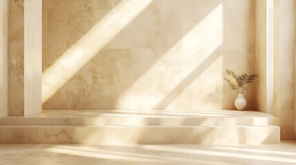 Aufkleber - Empty bathroom counter top with beige granite walls and sunlight Home interior background for product placement mockup Neutral aesthetic podium stage showroom : Generative AI