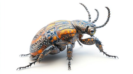 A detailed fantasy beetle with intricate patterns, isolated on a clean right view isolated on white background