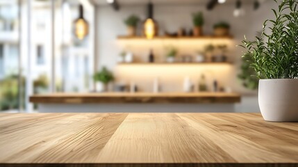 Poster - Empty beautiful wood table  top counter  and blur bokeh modern kitchen interior background in clean and bright Readywhite background for product montage : Generative AI