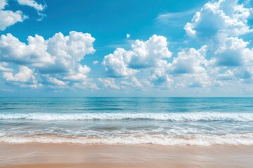 Beautiful nature view bright blue sky with white clouds background and soft oceans waves with a deep blue color on the sea , ai