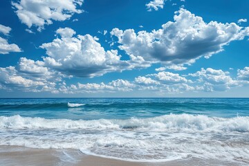 beautiful nature view bright blue sky with white clouds background and soft oceans waves with a deep