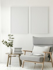 Minimalist living room interior with armchair, table, plant, and two blank picture frames mockup on the wall.