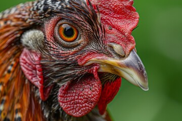 A close-up of a chicken's head, capturing the details of its comb, wattles, and expressive eyes