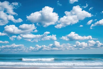 Wall Mural - Beautiful nature view bright blue sky with white clouds background and soft oceans waves with a deep blue color on the sea , ai