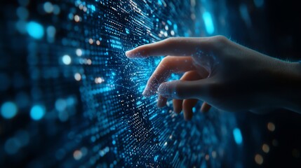 Fototapete - Digital cyber era technology concept Human hand touching interconnected polygons of massive amounts of data glowing on a dark blue background New innovations that are coming to change  : Generative AI