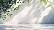 © Generative AI - Background Studio White wall Cement with Leaves Shadow and Marble floorEmpty Grey Concrete studio room with Table TopBackdrop background SpringSummer Cosmetic Product DisplayMockup Pre : Generative AI