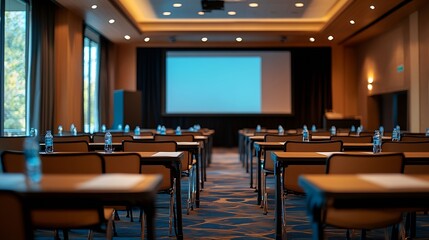 Fototapete - Empty conference room with screen banner table and chairs Business meetings forums and presentations : Generative AI